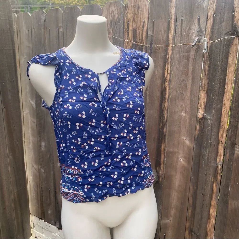 Beltaine Blue Tassel Peasant Boho Blouse Floral Sleeveless Top size small
